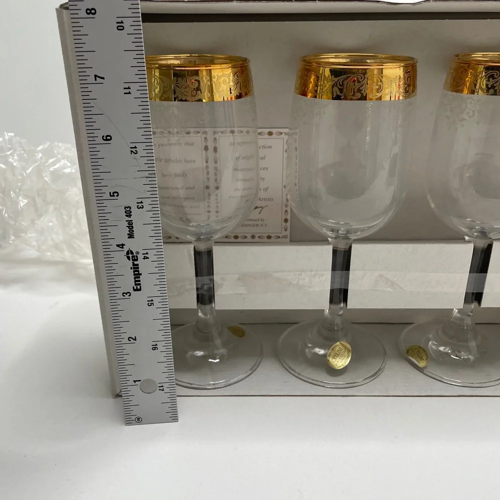 New Cellini Crystal Stemware Set 4 Wine Glasse 24K Gold Italy 7.5in Wedding Gift
